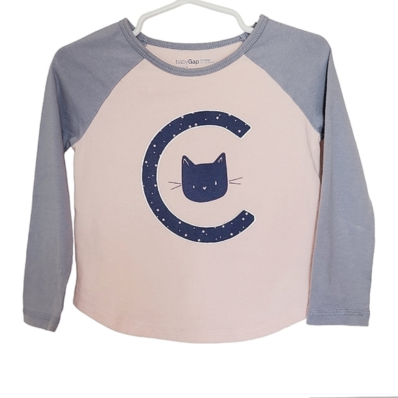 K1144 * Baby Gap C Cat Long Sleeve Tee Pink/Blue-Gray Size 12/18M - Picture 1 of 5
